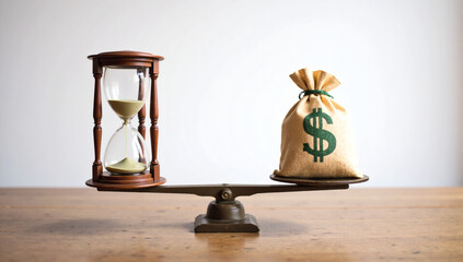 Time Value of Money Hourglass & Money Bags on Scale – Financial Growth, Investment Strategy, Wealth Balance, Long-Term Assets, Realistic Finance Concept