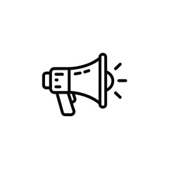 Simple black and white line drawing of a megaphone icon