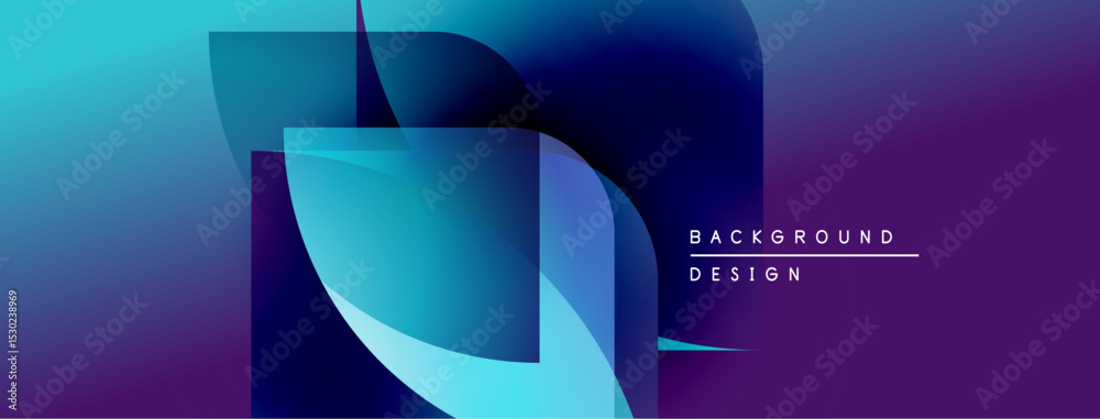 Poster Abstract gradient shapes overlap, creating dynamic visual effect. Blue, purple hues dominate composition. Modern design element.
