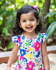 Joyful toddler in colorful floral dress smiling outdoors in a lush green environment