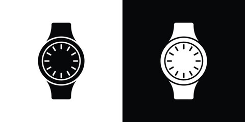 Isolated Black and White Wristwatch Icons with Opposite Colors on Backgrounds, Style