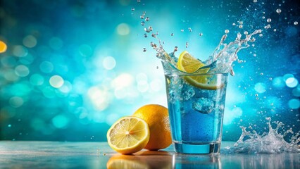 Refreshing Blue Beverage with Lemon Splash and Ice Cubes on a Table