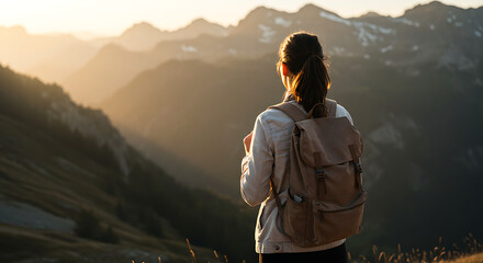 Woman Hiking Mountain Golden Sunset, Brown Backpack Peaceful Outdoor Adventure