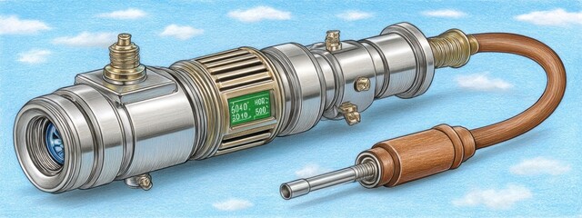 Intricate Metallic Device with Green Panel and Brown Tubing on Blue Background