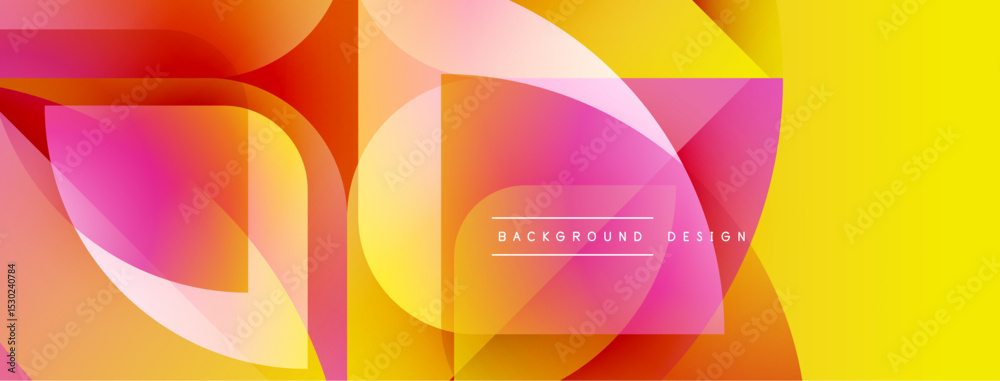 Poster abstract geometric shapes overlap, creating vibrant color gradients. yellow, orange, pink hues domin