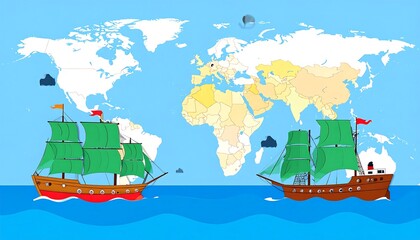 Cartoon Ship Photos, Map Background, Sea Transportation Icons