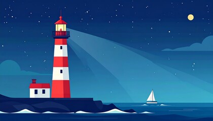 Lighthouse Guiding Ships, Nighttime Maritime Illustration, Safety Symbol