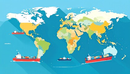 Global Trade, Ships, Ports, Flat Vector Globe