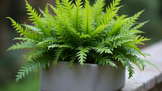 Holly fern in a concrete planter on a stone ledge, wallpaper