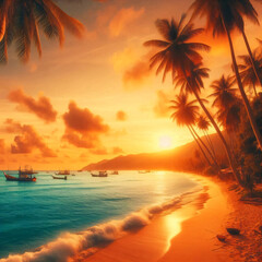  A peaceful sunset scene on a tropical beach with calm waves, coconut trees, and traditional fishing boats under a vivid orange sky.