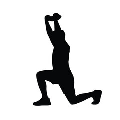 Silhouette of a person doing a lunge with a dumbbell overhead