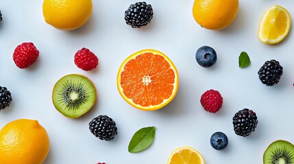 Vibrant assortment of fresh fruits including orange, berries, and kiwi.