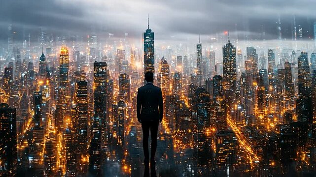 Man Contemplating the Night Cityscape