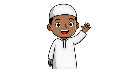 Cartoon Muslim boy smiling and waving in traditional white Islamic clothing, transparent background