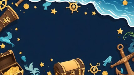 Obraz premium Pirate background with treasure chest, starry sky, fish, pirate ship, steering wheel. Vector illustration.