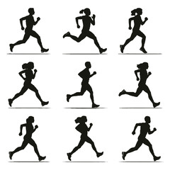 runner silhouette vector set, running man woman sequence, motion, athletic vector illustration, dynamic jog, fitness movement animation, isolated runners on white, exercise illustration, human activit