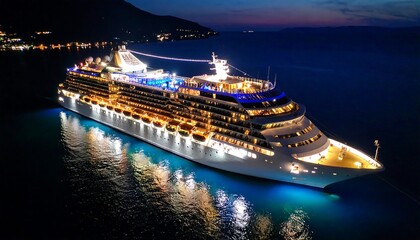 Illuminated cruise ship glistens on the dark water at night, emitting a sense of luxury and leisure.