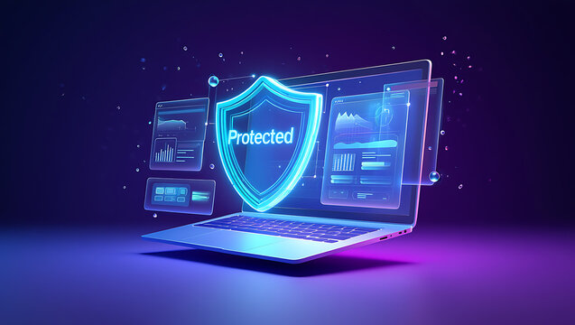 A glowing shield labeled protected in front of a laptop with data visualizations