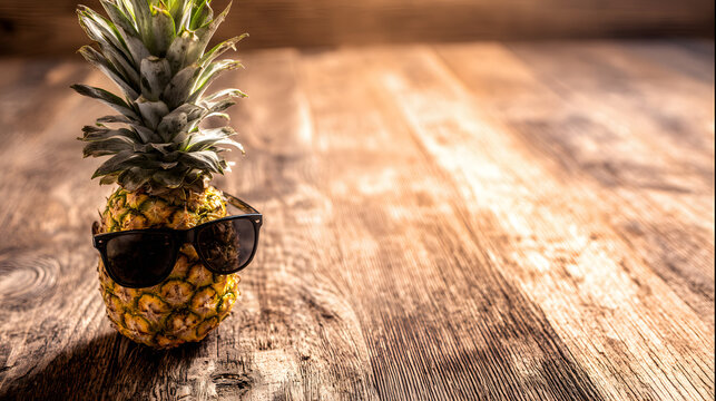 Pineapple in sunglasses on wooden surface, embodying laid-back summer vibes with minimalist charm.