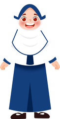 Smiling Girl in Blue and White Traditional Dress, Cartoon Illustration.