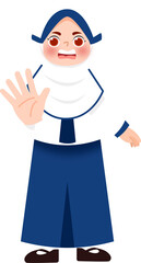 Stylized Girl with Upraised Hand, Blue Tunic and White Collar, Cartoon Illustration.