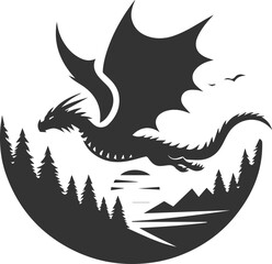 Vector drawing silhouette of a flying dragon illustration