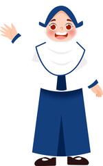 Smiling cartoon girl in blue and white uniform waving hello.