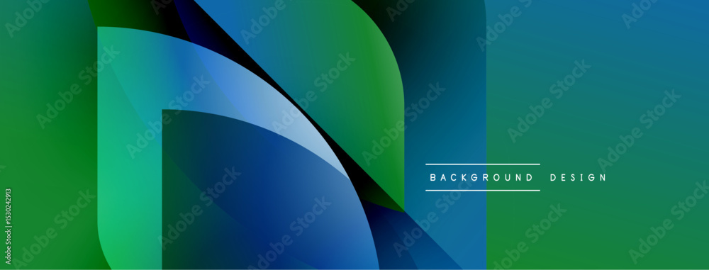 Poster Abstract gradient shapes create dynamic composition. Blue, green hues dominate design, offering modern aesthetic. Minimal text present.