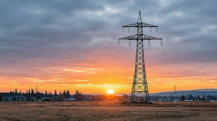 Sunrise over a field with power lines.