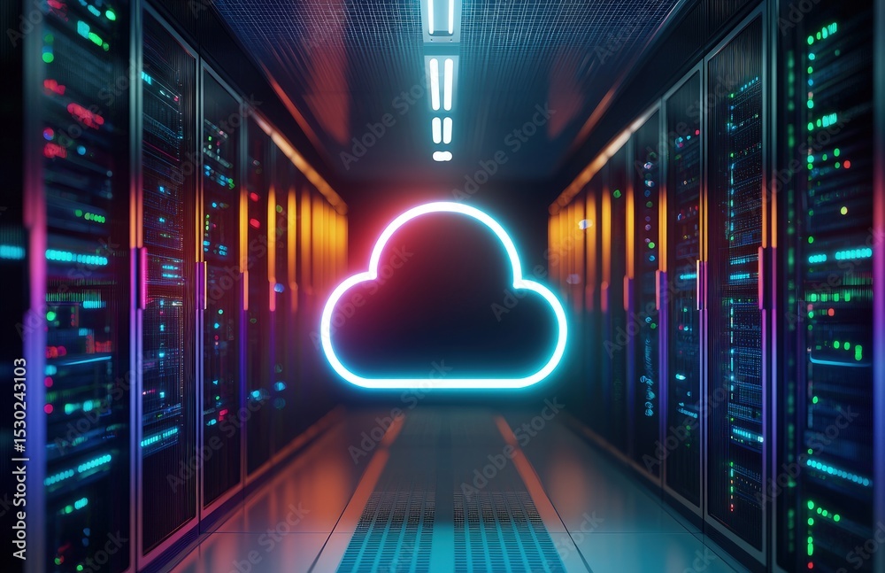 Leinwandbilder Futuristic server room with glowing cloud symbol representing cloud computing and data storage technology, ideal for IT service, digital security, and tech infrastructure themes