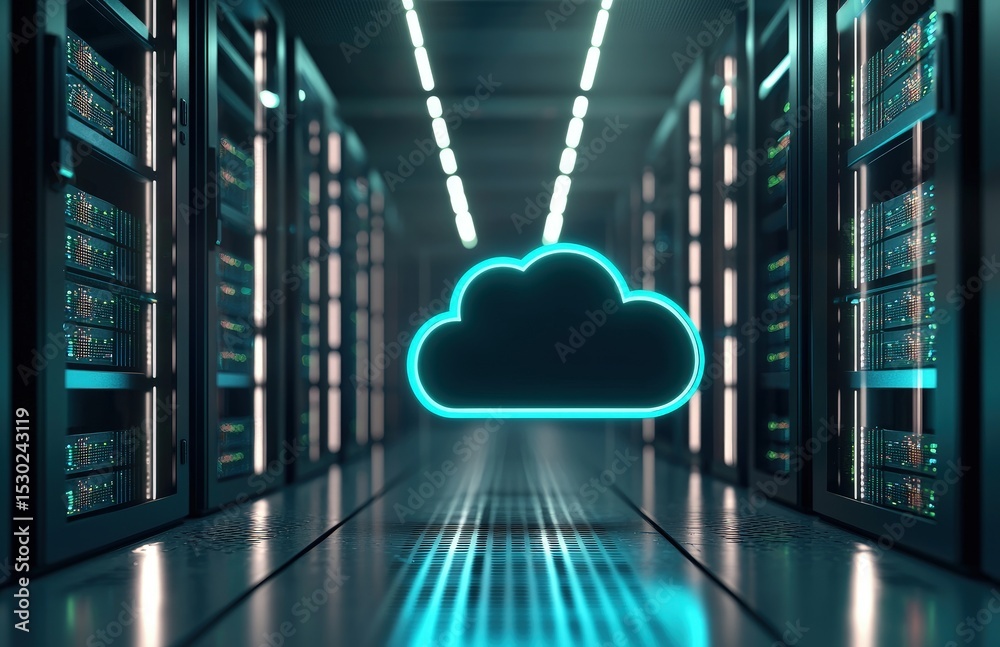 Leinwandbilder High-tech data center with illuminated cloud icon symbolizing cloud computing and secure data infrastructure, suitable for cybersecurity, IT, and networking visuals