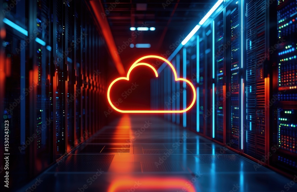Aufkleber Modern data center with glowing red cloud symbol showcasing cloud computing infrastructure, perfect for technology, IT services, and secure digital solutions