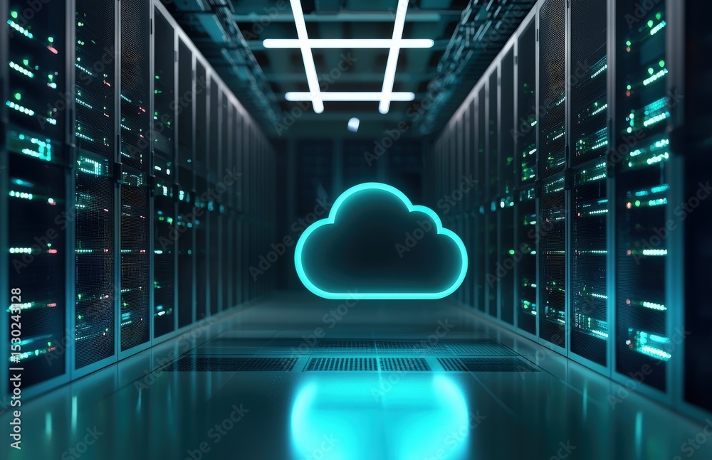 Aufkleber Sleek data center with glowing cyan cloud icon representing advanced cloud computing and virtual data systems, ideal for IT infrastructure and technology visuals