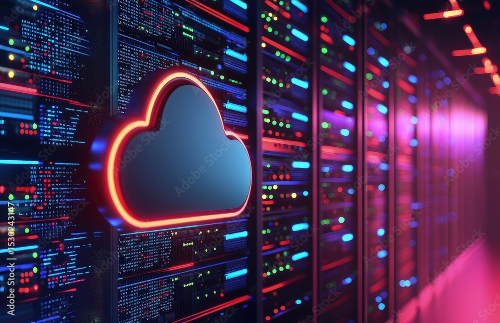 Aufkleber Cloud-shaped server embedded in a futuristic data center with neon lighting, symbolizing modern cloud computing, ideal for tech infrastructure and digital network themes