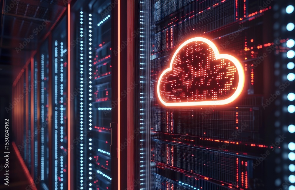 Poster Digital cloud icon integrated into a high-tech server rack with red lighting and data points, perfect for illustrating modern cloud storage and virtual data systems