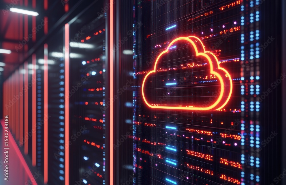 Leinwandbilder Glowing red cloud icon over digital server wall with bright data lines, symbolizing cloud computing and data transfer, ideal for tech, networking, and virtual systems