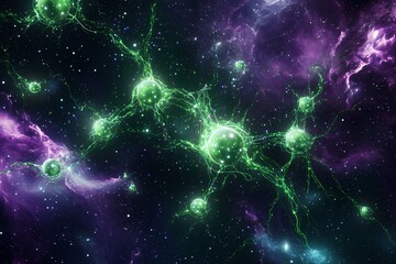 Deep-space inspired neural burst with green and lavender connections, each branch ending in glowing orbs of data, 
