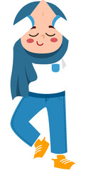 Stylized Child Doing Yoga, Eyes Closed, Blue Scarf and Jeans, Yellow Shoes, White Background.
