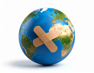 AI generated realistic globe with bandage wrapped around it symbolizing environmental damage and healing concept white background climate change earth protection conservation metaphor