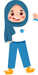 Smiling Girl in Hijab, Fist Pump, Cartoon Style Illustration.