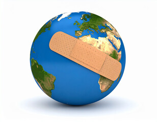 AI generated realistic globe with bandage wrapped around it symbolizing environmental damage and healing concept white background climate change earth protection conservation metaphor