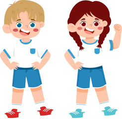 Energetic Cartoon Kids: Blond Boy & Braided Girl, White Shirts, Blue Shorts, Cheerful Poses.