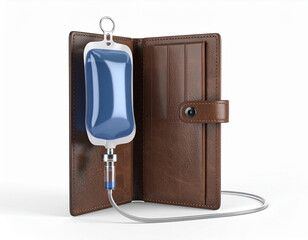 AI generated realistic empty men's wallet with medical iv bag attached symbolizing financial struggle and economic health concept white background poverty money crisis metaphor