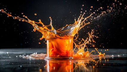 Dynamic amber liquid splashing into a glass creating a vibrant crown of droplets