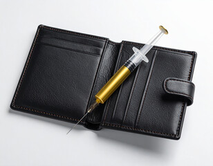 AI generated realistic empty men's wallet with golden liquid syringe symbolizing financial recovery and economic stimulus concept white background money solution wealth metaphor