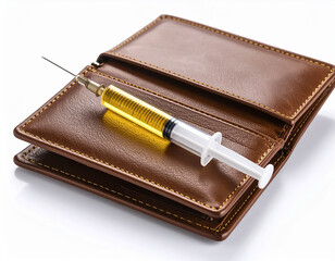 AI generated realistic empty men's wallet with golden liquid syringe symbolizing financial recovery and economic stimulus concept white background money solution wealth metaphor