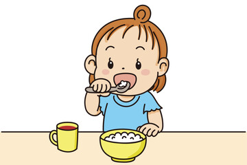 上手持ちでご飯を食べる幼児のかわいいイラスト素材