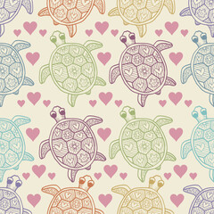 Seamless pattern with turtles and hearts. Vector illustration in doodle style.