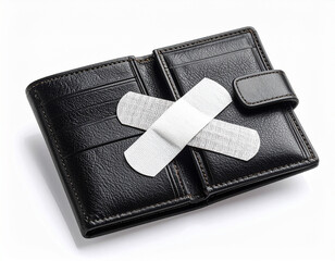 AI generated realistic empty men's wallet with bandage symbolizing financial injury and economic recovery concept white background money struggle healing metaphor