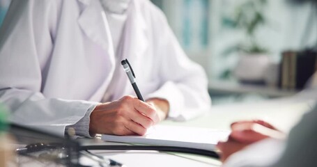 Hands, doctor and writing prescription with patient for sick note and health report. People, medical consultation and paper in hospital for dosage instruction, medicine script and treatment plan - Powered by Adobe